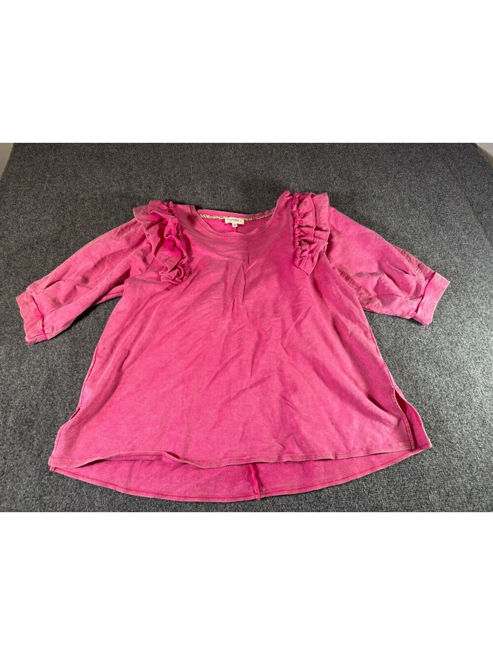 Umgee boho 2x pink acid wash ruffle shoulder shirt